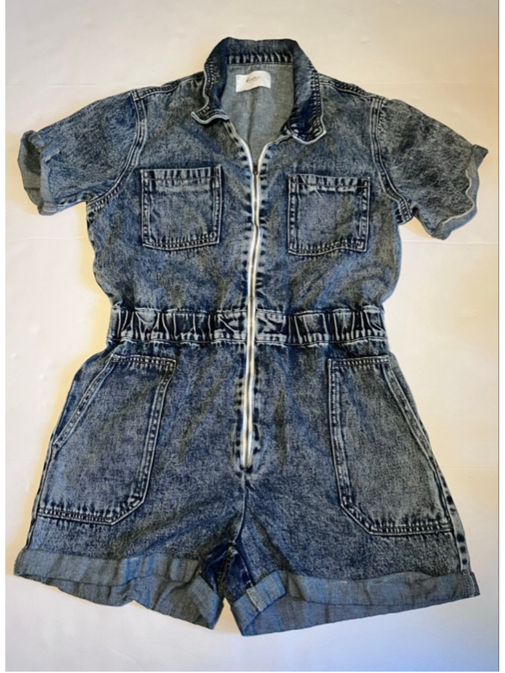 KanCan Victoria Short Sleeve Denim Romper L Acid Wash Utility Moto Jumpsuit